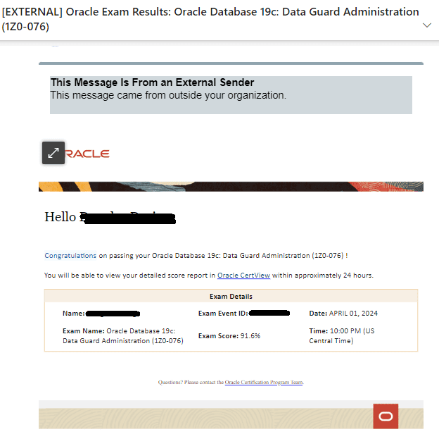 Oracle Exam Result for 1Z0-076 certification