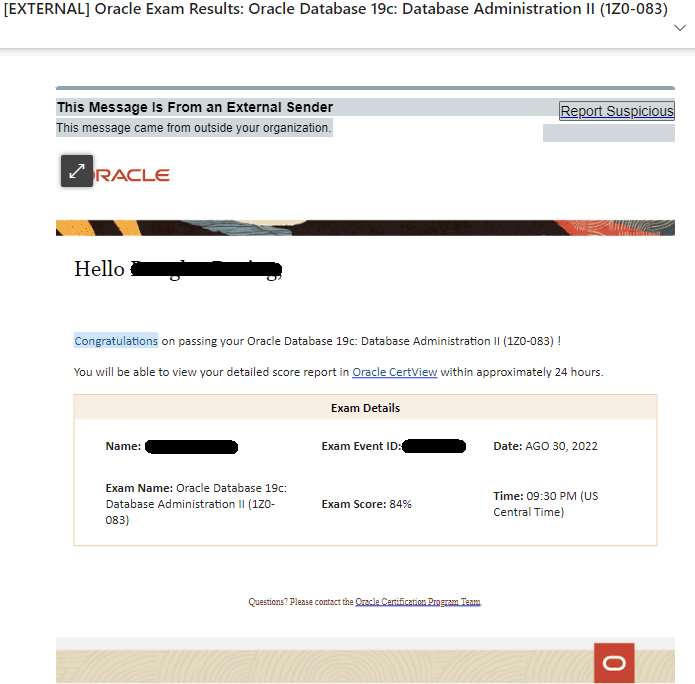 Oracle Exam Result for 1Z0-083 certification