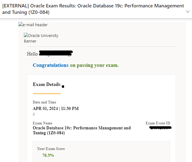 Oracle Exam Result for 1Z0-084 certification