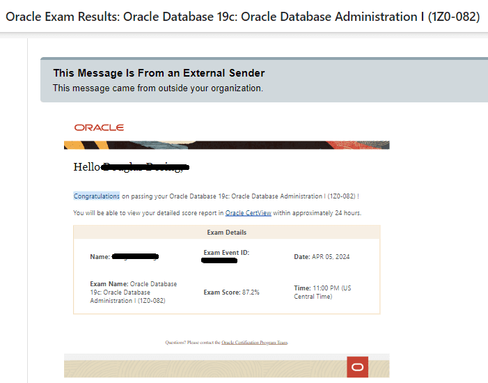 Oracle Exam Result for 1Z0-082 certification