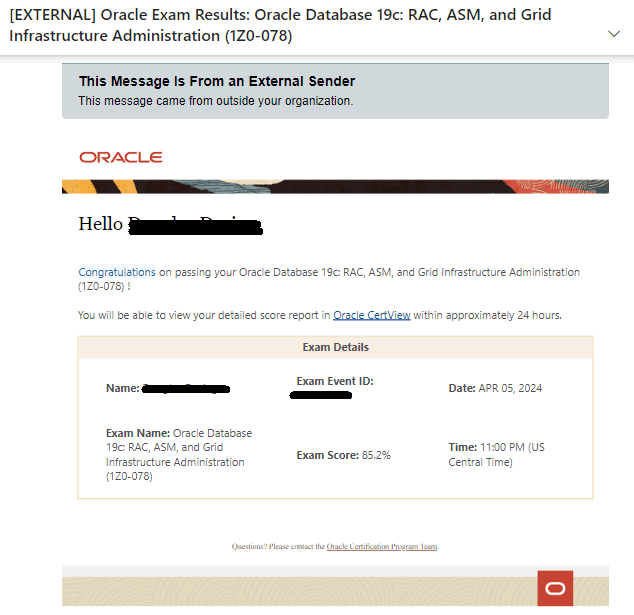 Oracle Exam Result for 1Z0-078 certification